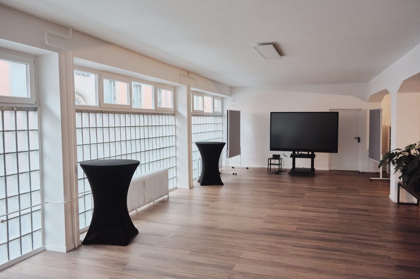 Heller Raum mit großen Fenstern, TV und zwei Stehtischen. Holzfußboden.